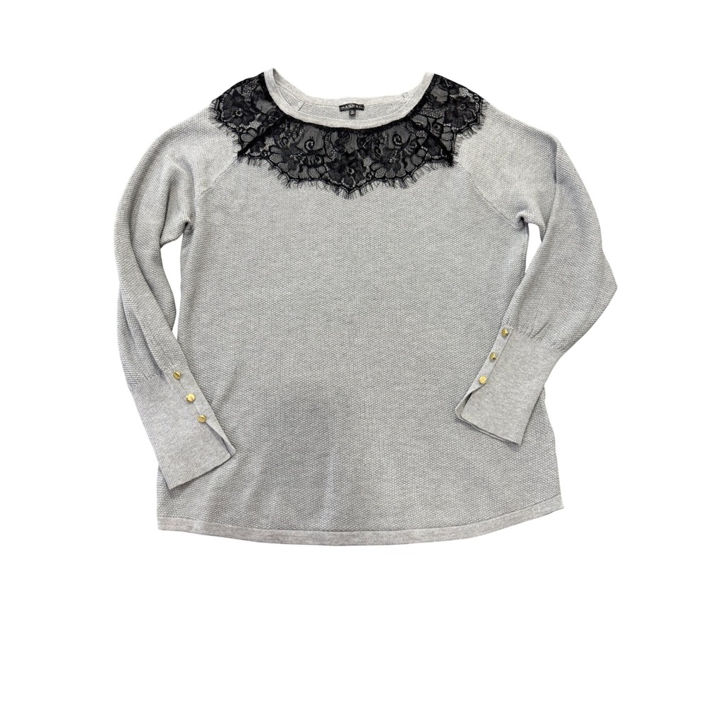 Hannah Sweater Women XL Gray Black Lace Neckline Pullover Gold Button Cuff